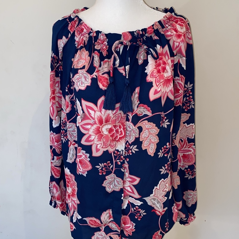Finn & Grace navy and hot pink tropical floral tassel tie floaty blouse Sz S EUC